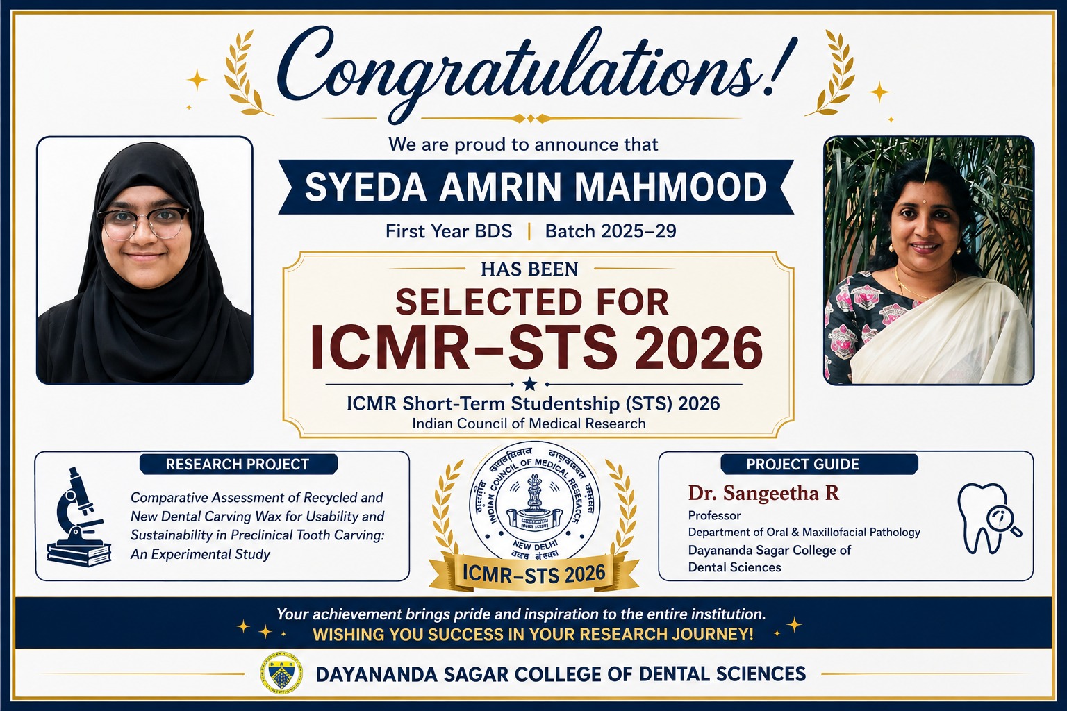 Syeda Amrin Mahmood selected for ICMR-STS 2026 guided by Dr. Sangeetha R